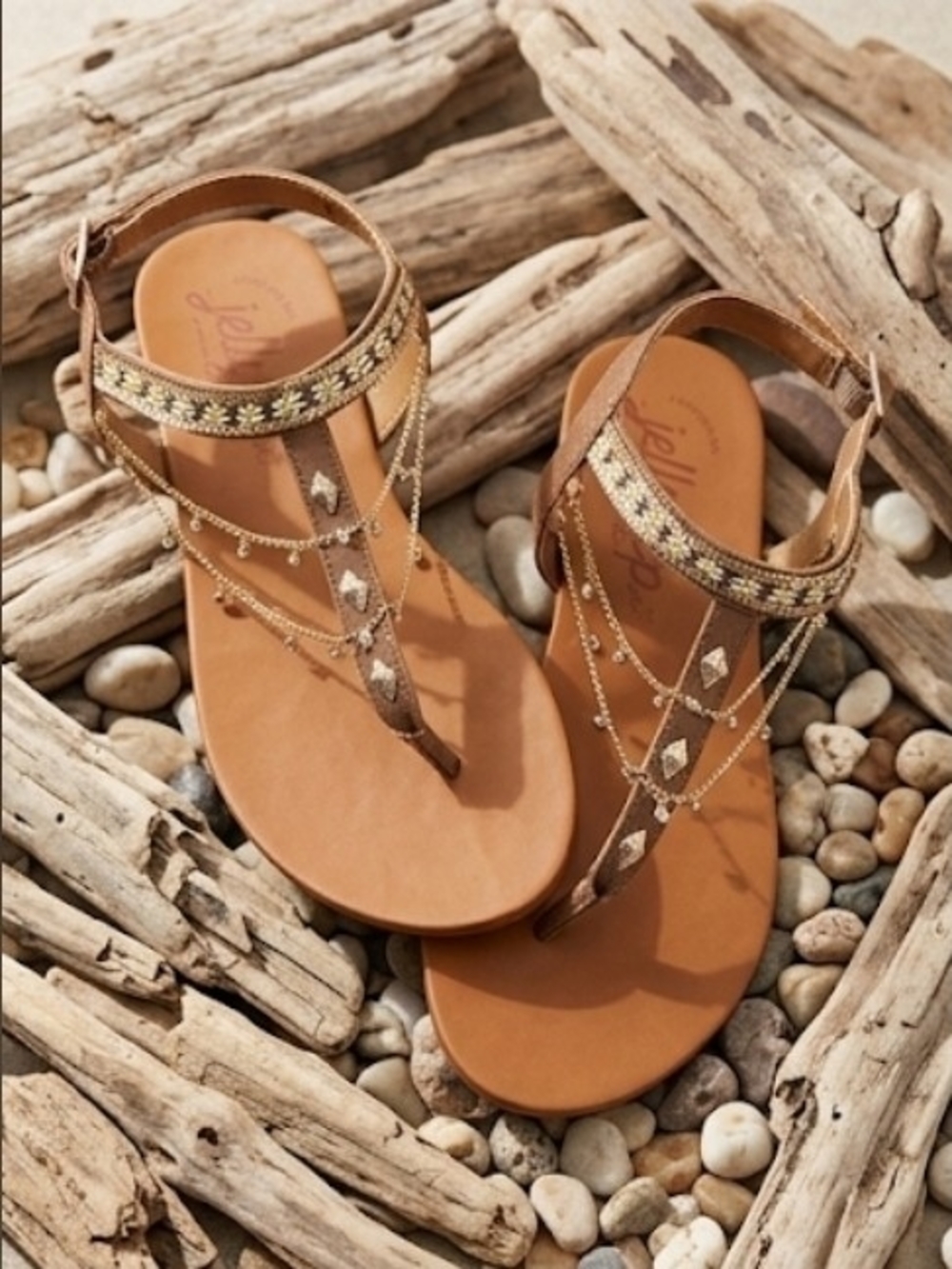 Jellypop Tan Beaded T‑Strap Sandals with Gold Accents